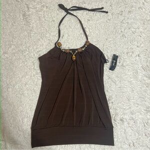 Byer California Chocolate Brown Halter Top with Beaded Accents